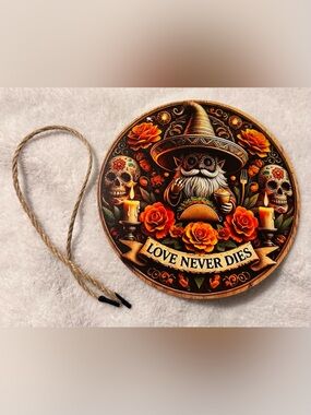 Sugar Skull Gnome Day of the Dead Graphic Wood Composite Round Sign Rose Floral